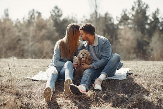 A happy owner and doodle enjoying a walk in nature